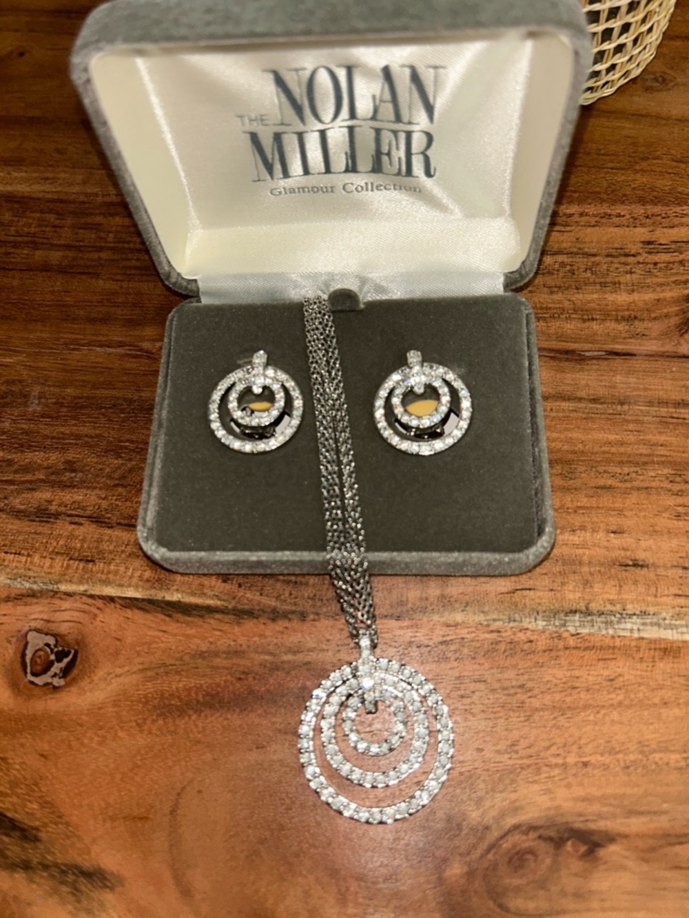 Vintage NOLAN MILLER Silver Tone Clear crystals Circles Necklace and Earrings
